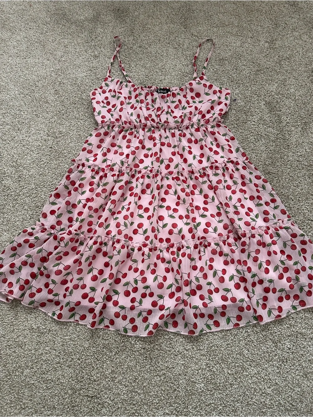 Trixxi Pink Cherry Print Tiered Babydoll Dress β Size M - Picture 1 of 11
